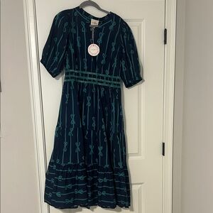 Navy & Teal Ribbon-Print Midi Dress